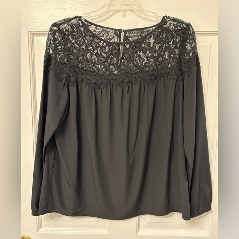 St. John Silk Blouse | Lace Neck Shoulders | Size 6 | Black Top